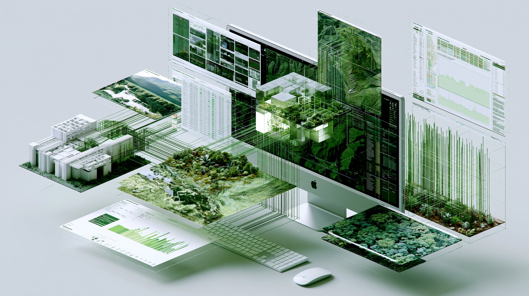 Isometric composition of disparate data sources: hosting-capacity tables, terrain maps, satellite imagery, and charts converging on one screen